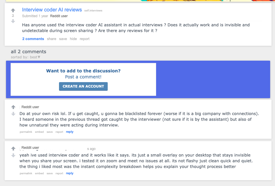 An anonymized Reddit discussion showing mixed Interview Coder screen-sharing experiences
