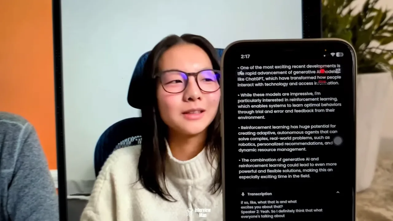 InterviewMan on a phone next to a live video interview, showing the answer as four short bullet points while the interviewer asks a question