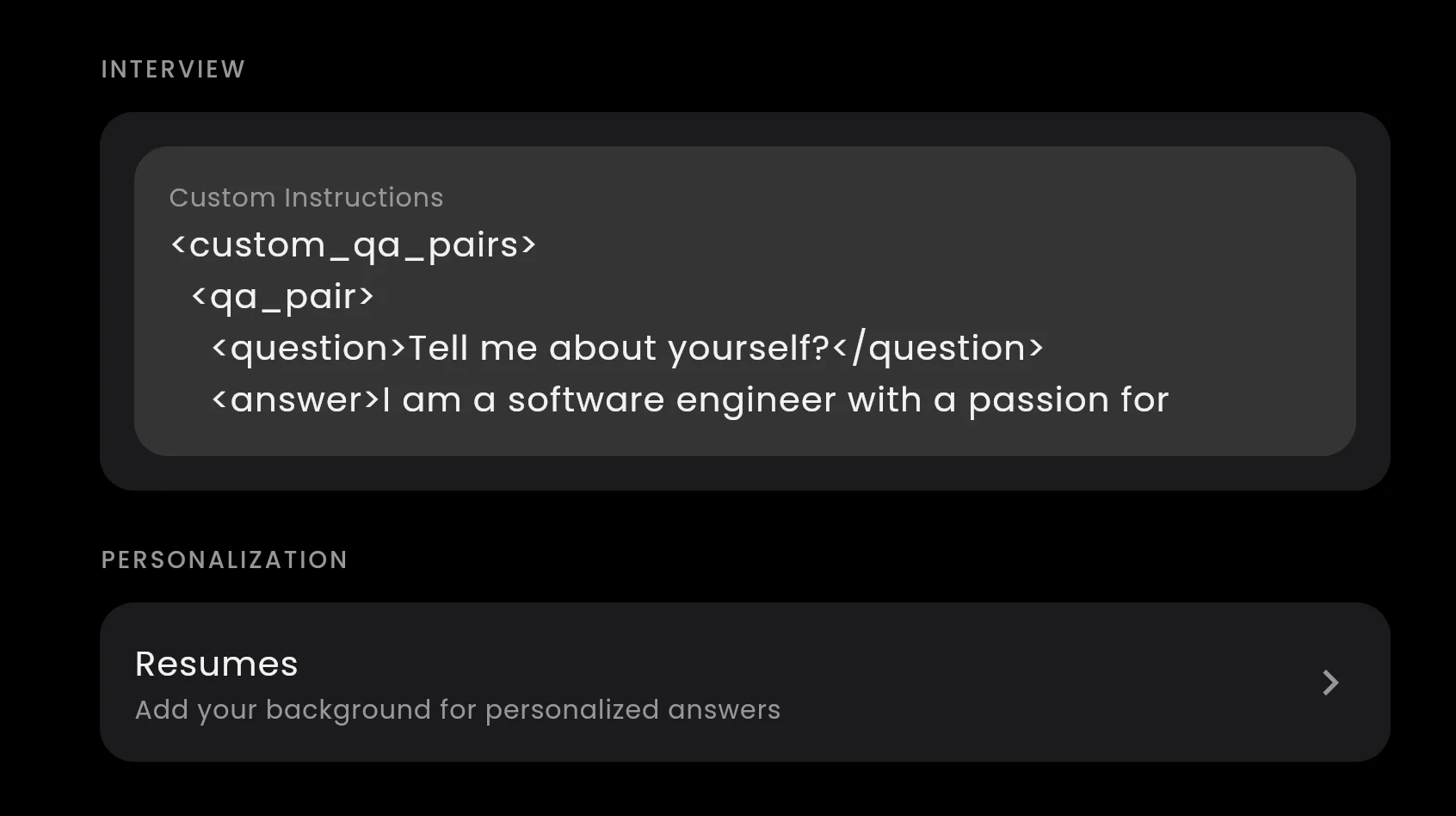 The Custom Instructions text field in the InterviewMan app settings, under the Interview section