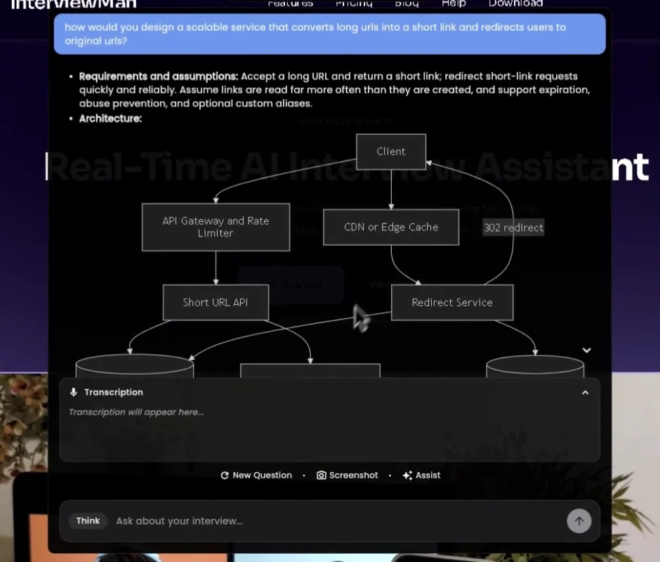 InterviewMan answering a live system design question about a URL shortener: the requirements and assumptions first, then a Mermaid architecture diagram with the client, API gateway and rate limiter, CDN, short URL API, redirect service, database and cache