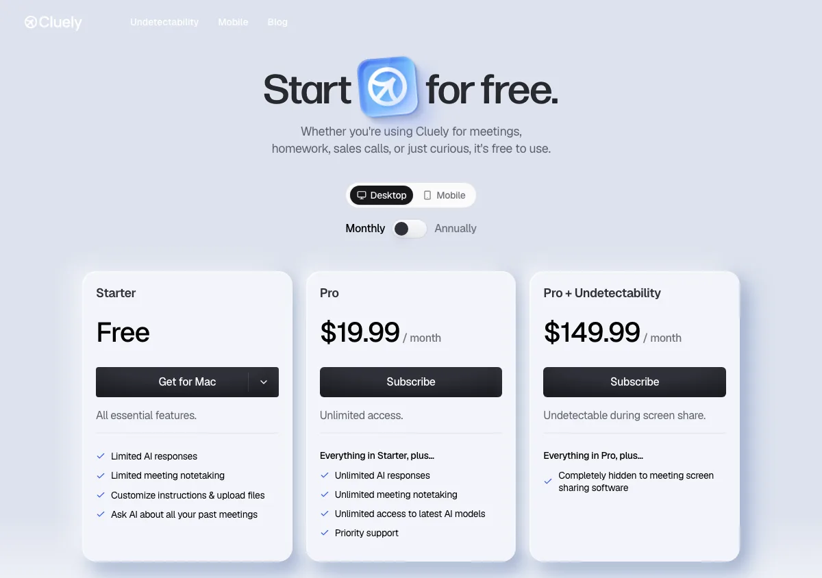 Cluely pricing page as shown on September 17, 2026