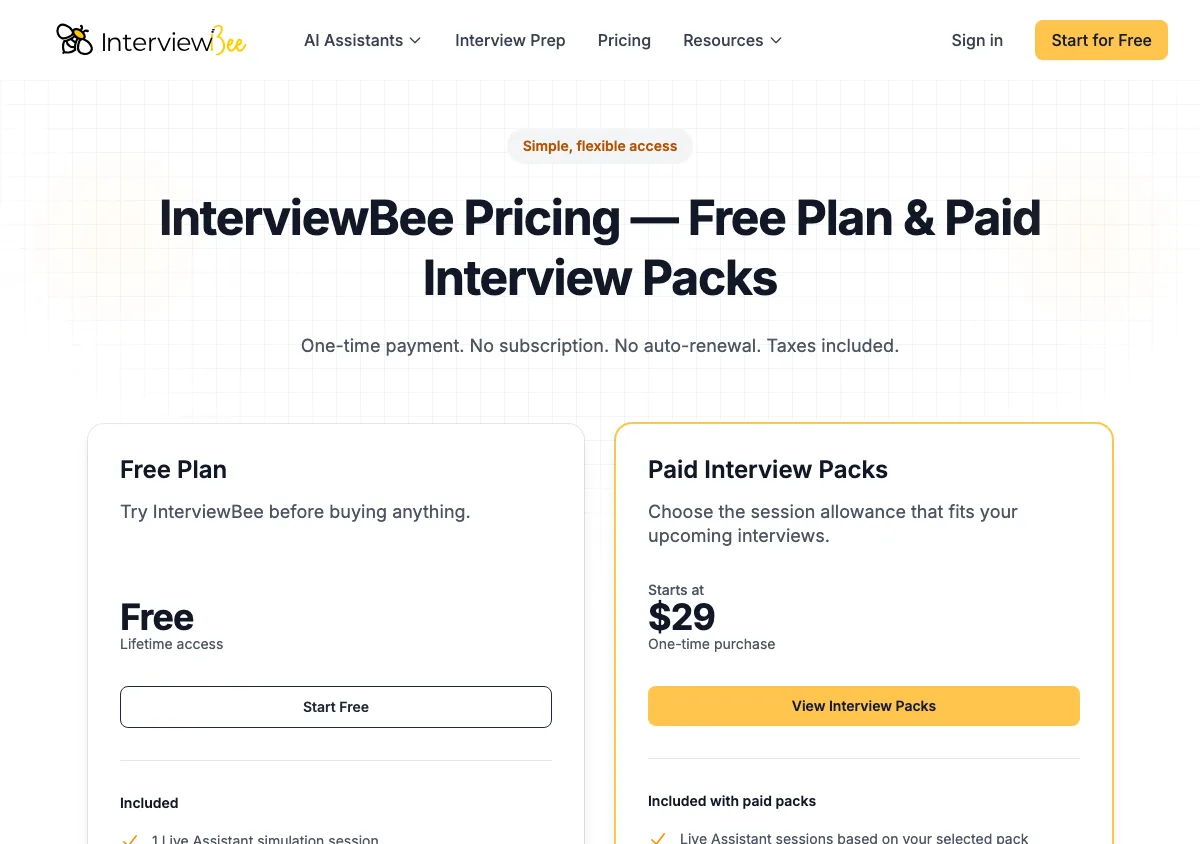 InterviewBee pricing page as shown on September 17, 2026