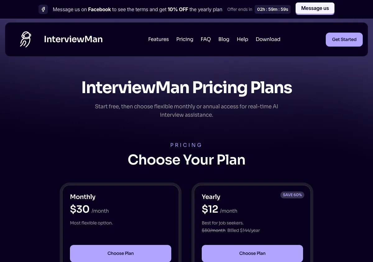 InterviewMan pricing page as shown on September 17, 2026