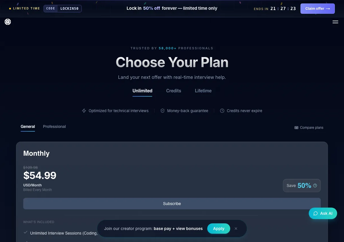 LockedIn AI pricing page as shown on September 17, 2026