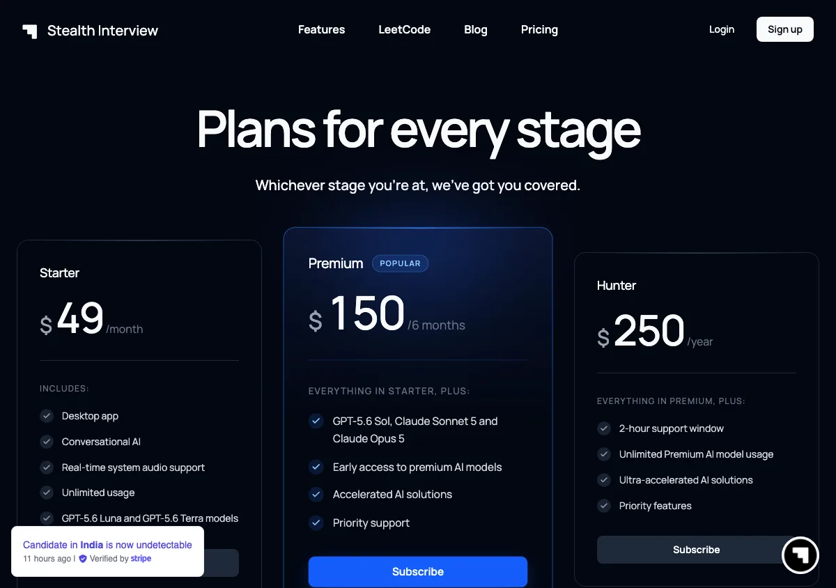 Stealth Interview pricing page as shown on September 17, 2026