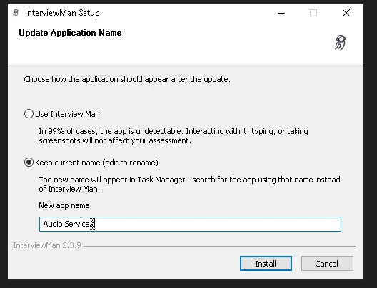 Windows setup step asking how the application should appear, with a field to type a custom name