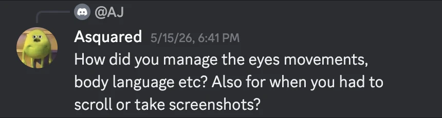 Follow-up message from AJ: The experience really depends on how you pretend to know the answer. Hackerrank OA had webcam on so it tracks your body language and nuances about you answering, plagiarism scores etc. I had to be super careful about not making it apparent that I was using another device to view the code