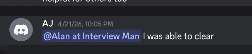 Discord message from AJ on April 21, 2026: I was able to clear hackerrank proctored OA with stealth mode. Thank you