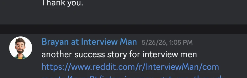 Discord message from shaka on May 31, 2026: Amazing product, worked out of the box. Just a word of caution to people using it with Google meet, remember to disable studio quality option inside google meet settings, else InterviewMan wont be able to use the mic.